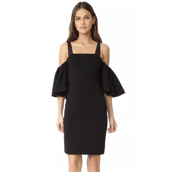 Cinq a Sept Monroe Cold Shoulder Black Mini Dress Mesh Trim LBD Size 6 - Picture 1 of 11